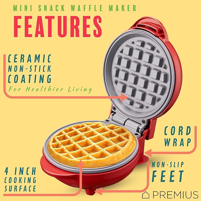 Ceramic Nonstick Mini Snack Waffle Maker, 4” Mold, Quick Heat for Crispy Waffles, French Toast, Tuna Melt, Egg & Grilled Cheese, Sandwiches for Kids & Family, Just Add Batter (Red)