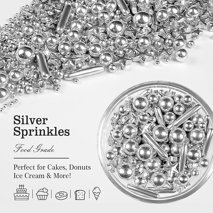 Silver Pearl Rods Star Sugar Sprinkles, Silver Sprinkles for Cake, Edible Pearls Baking Candy, 150g/5.29oz Mix Size, Cupcake Decoration, Wedding Party Supplies