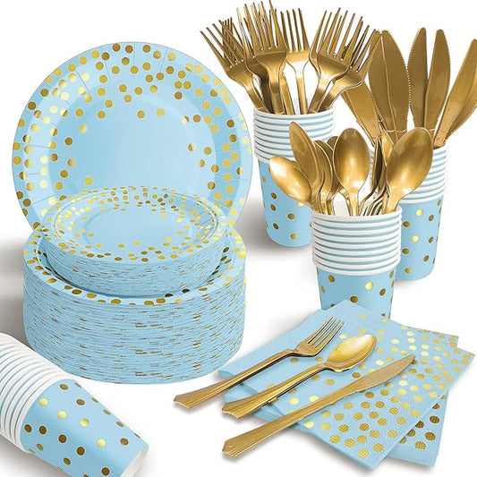 350PCS Blue and Gold Paper Plates Party Decorations Dinnerware Sets for 50 Guests Plastic Forks Knives Spoons, Golden Dot Blue Party Plates Napkins Cups for Birthday Baby Shower Wedding New Year