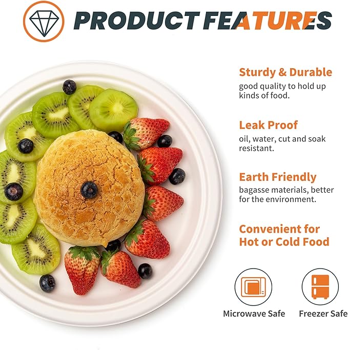 100% Compostable 9 inch Paper Plates, [125-Pack] Disposable Party Plates, (BPI Certified)-Heavy Duty, Eco-Friendly Dinner Paper Plates, Biodegradable Sugarcane Plates, white