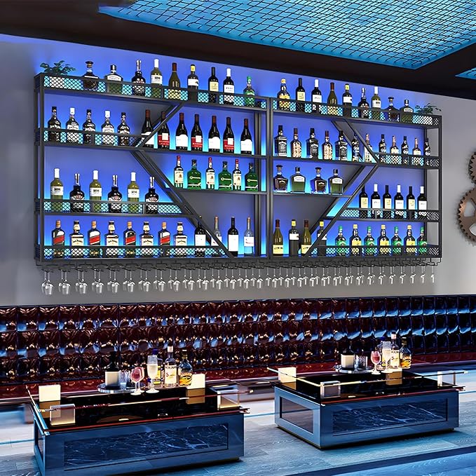 94.48in Metal Wine Rack Wall Mounted, Modern Wine Storage Rack Wall Mounted with Wine Glass Holder, Liquor Shelf, Bar Shelves for Liquor Bottles (4 Tiers Black, 94.48 * 7.87 * 33.85INCH)