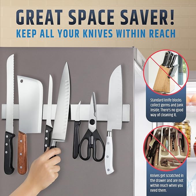 Premium Magnetic Knife Holder for Refrigerator that Doesn't Slide – 17 Inch Professional Double Sided Knife Strip for Fridge - Knife Rack/Knife Bar With Powerful Magnetic Pull Force (Upgraded Version)