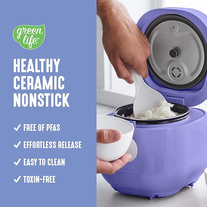 GreenLife Digital Rice Cooker, 2-Cups Uncooked/4-Cups Cooked, Removable Nonstick Ceramic PFAS-Free Pot, One-Touch Presets, Oats, Quinoa, Brown Rice, Auto Keep Warm, Fuzzy Logic Tech, 1.5 QT, Periwinkle