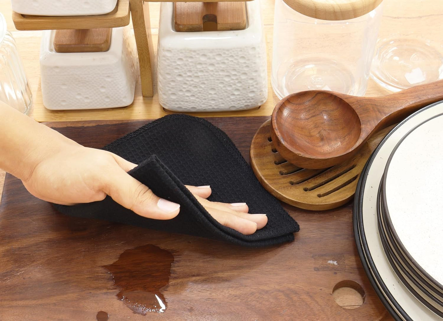 PurpleEssences Dish Cloths and Dish Rags - 8 Pack Waffle Weave Solid Kitchen Dish Wash Cloths, 100% Cotton, 12 x 12 Inches, Ultra Soft Absorbent Quick Drying - Spring Summer - Black