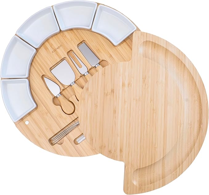Charcuterie Cheese Board and Platter Set - Made from Bamboo Wood - US Patented 16 inch Cheese Cutting Board and Knife for Entertaining and Serving - 4 Knives - 5 Bowls - 2 Cheese Markers - 4 Forks
