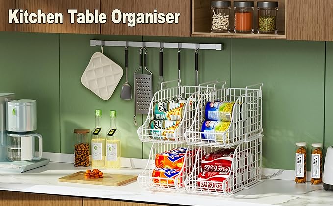 Can Storage Organizer Pantry, Stackable Kitchen Canned Food Holder With Handles, Can Organizer For Pantry Countertop Cabinet, Beverage Drink Pop Soda Can Dispenser Patent Pending (White, 4 Pack)