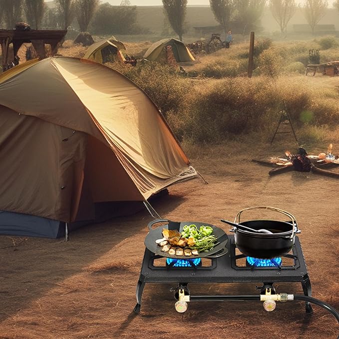 Vivicreate Cast Iron Propane Gas Stove Double Burner Heavy Duty Portable Removable Outdoor Cooker 200LB Support High Heat for Camping BBQ Fogon de Gas Estufa de Gas Portatil Parrillas de Gas