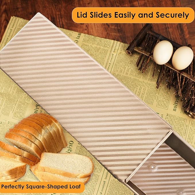 2-pack 2.2lb Gold Pullman Loaf Pan with Lid, Premium Non-Stick Coating Bread Pan, PFTE and PFOA-Free, Safe and Healthy Baking for Homemade Bread with Family-sized Recipes