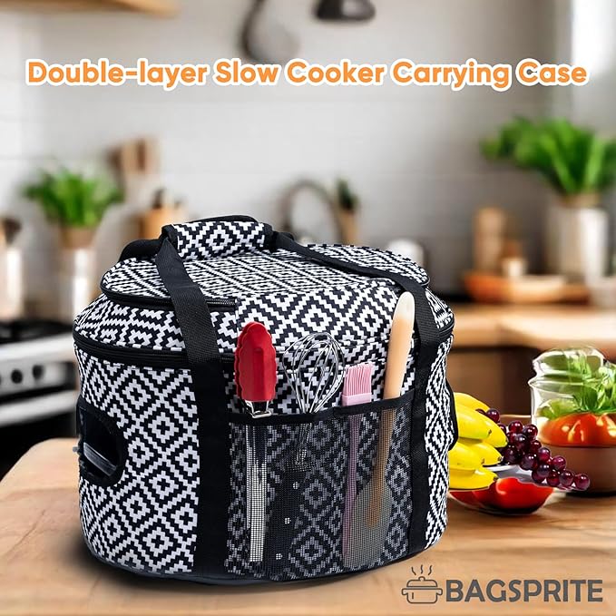 BAGSPRITE Double-layer Slow Cooker Carrying Case Compatible with 6-8 Quart Crockpot Carrier for Hot Food and Hamlton Beach Slow Cooker Tote with Lid Fastener for Crock-pot Dust Cover Applicances