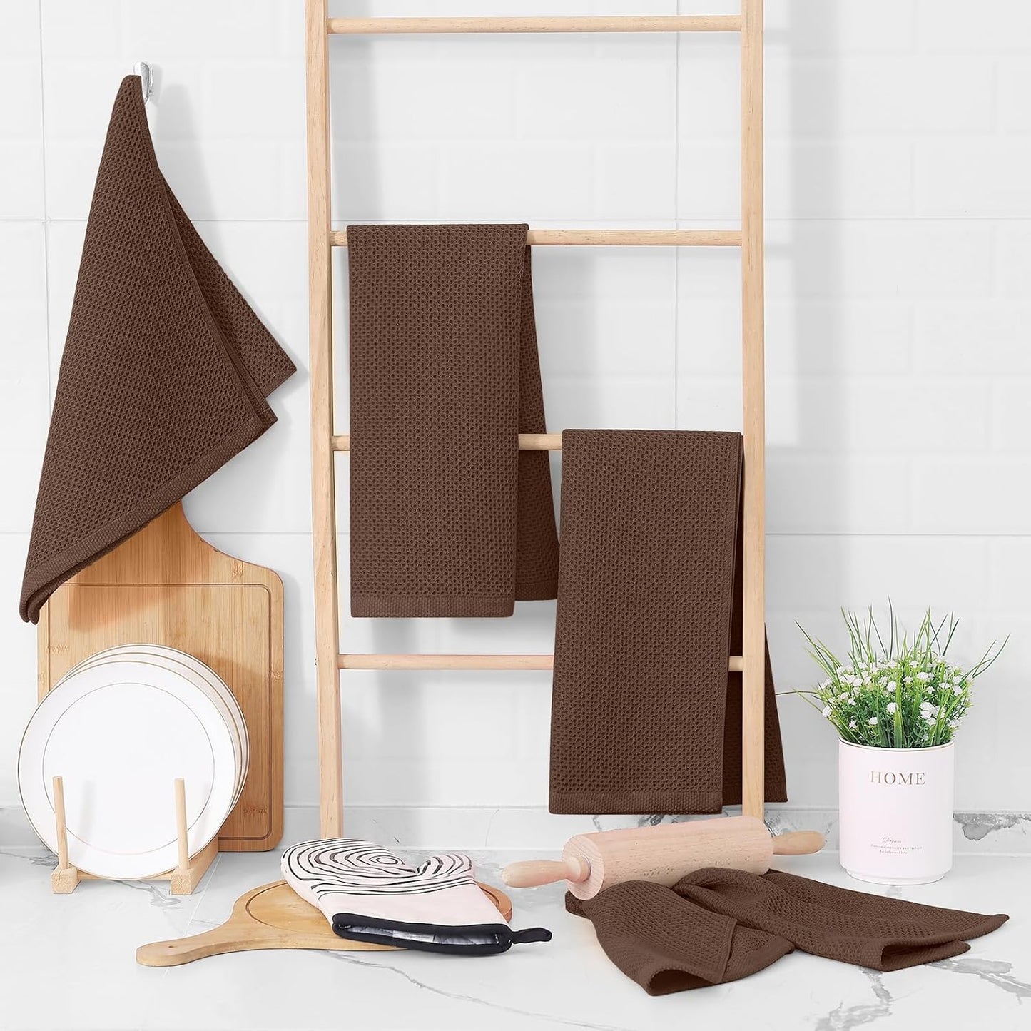 Homaxy 100% Cotton Waffle Weave Kitchen Dish Towels, Ultra Soft Absorbent Quick Drying Cleaning Towel, 13 x 28 Inches, 4-Pack, Coffee