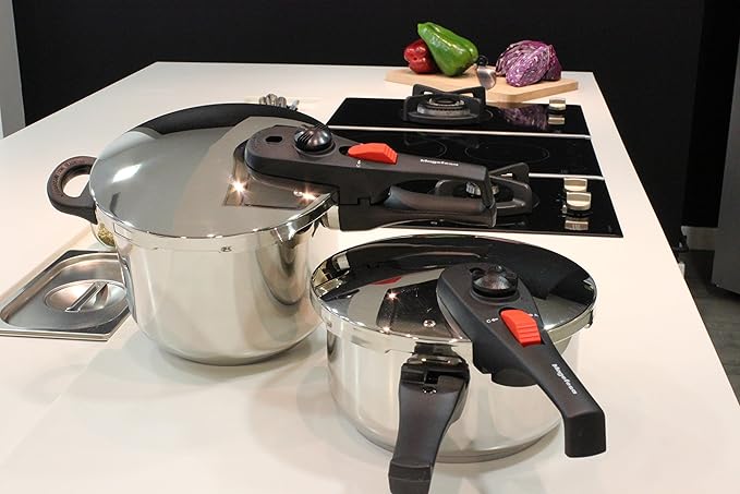 Magefesa Practika Plus Pressure Cooker, 4.2 & 6.3 Quart, 18/10 Stainless Steel, Induction-Compatible, Superior Heat Distribution, Encapsulated Diffuser Bottom, 5 Safety Systems