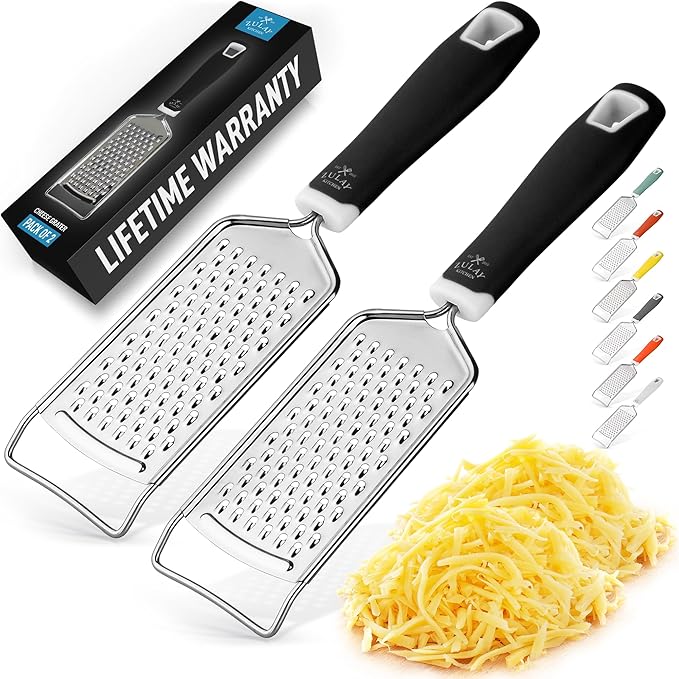 Zulay Kitchen Professional Cheese Grater Stainless Steel - Durable Rust-Proof Metal Lemon Zester Grater With Handle - Flat Handheld Shredder for Parmesan, Chocolate, Spices, And More - 2 Pack - Black