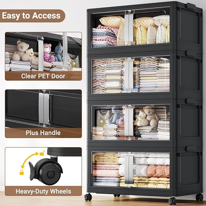 160QT Stackable Storage Bins with Lids, 40Gal Extra Large Collapsible Storage Box with Wheel, Plastic Storages with Clear Door Open Front for Home Bedroom Garage, Black-1pack