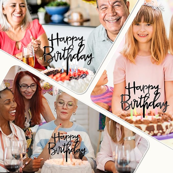 1PCS Acrylic Cake Topper, 4.7 Inches x 5.5 Inches Happy Birthday Cake Topper, Black Birthday Cake Decorations Flower Arrangements Sign for Baby Shower, Anniversary Decor