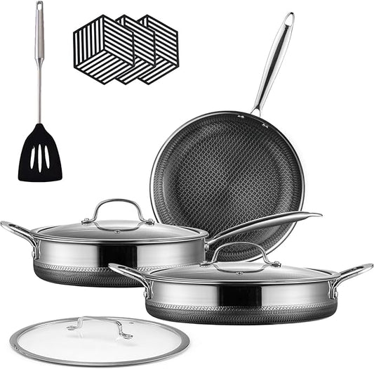 Hybrid Stainless Steel Pots and Pans Set Non Stick 10 Piece Tri-play Nonstick Cookware Sets Non-toxic Saute Pan with Tempered Glass Lids,Stay Cool Handles,Induction Dishwasher&Oven Safe