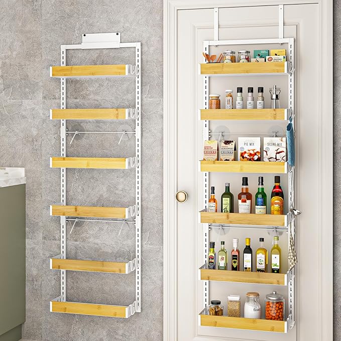 bukfen Over the Door Pantry Organizer 6-Tier Adjustable Basket Kitchen Pantry Door Organization and Storage, 2 in 1 Wall Mount or Hanging Heavy-Duty Metal Hanging Kitchen Spice Rack,White Bamboo Color