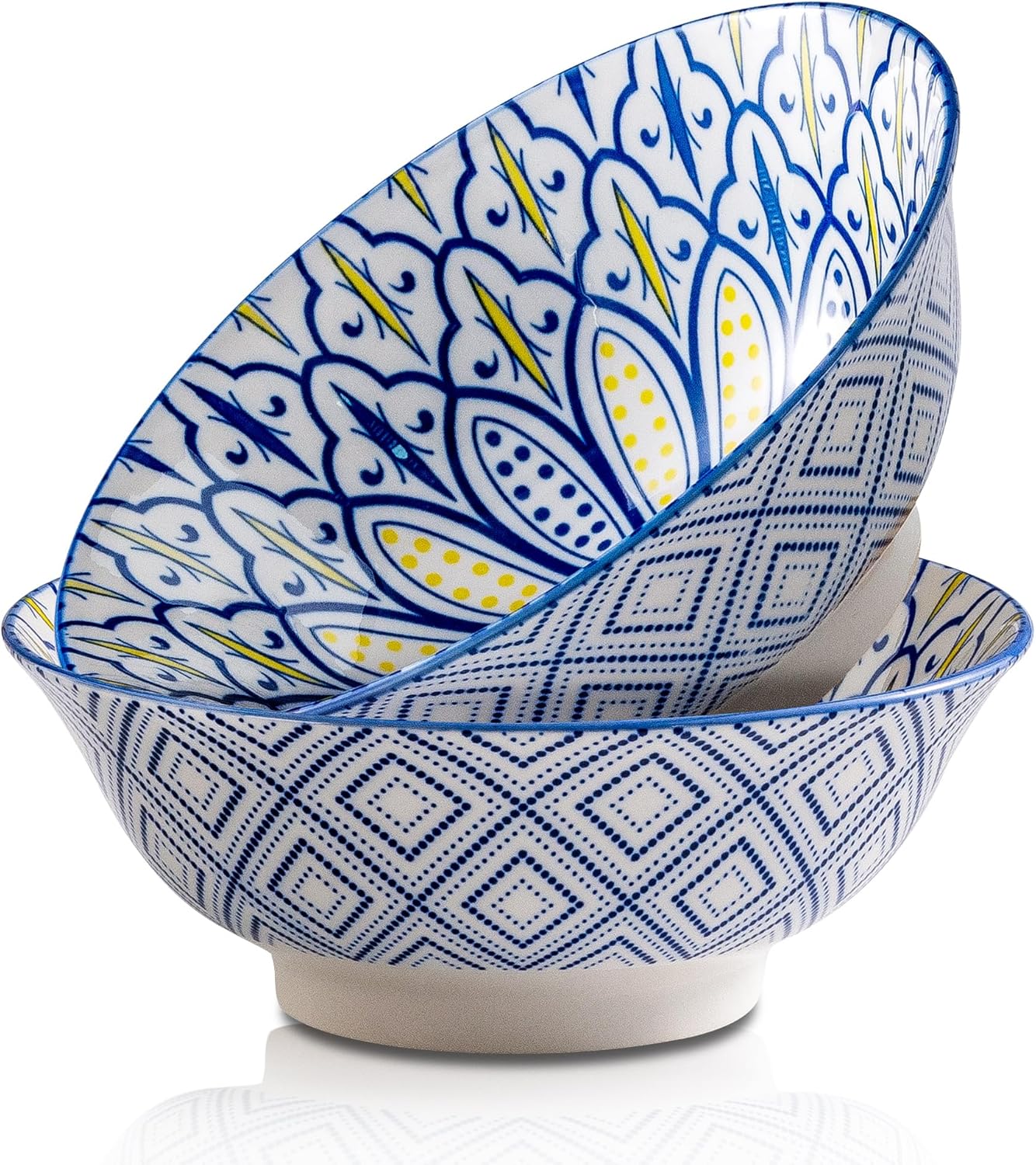 Ceramic Serving Bowls 8 Inch Set of 2, Large Bowls for Pasta Soup Fruit Ramen Cereal, Dinner, Salad, Oatmeal, Microwave & Dishware Safe, Colorful Bohemian Style