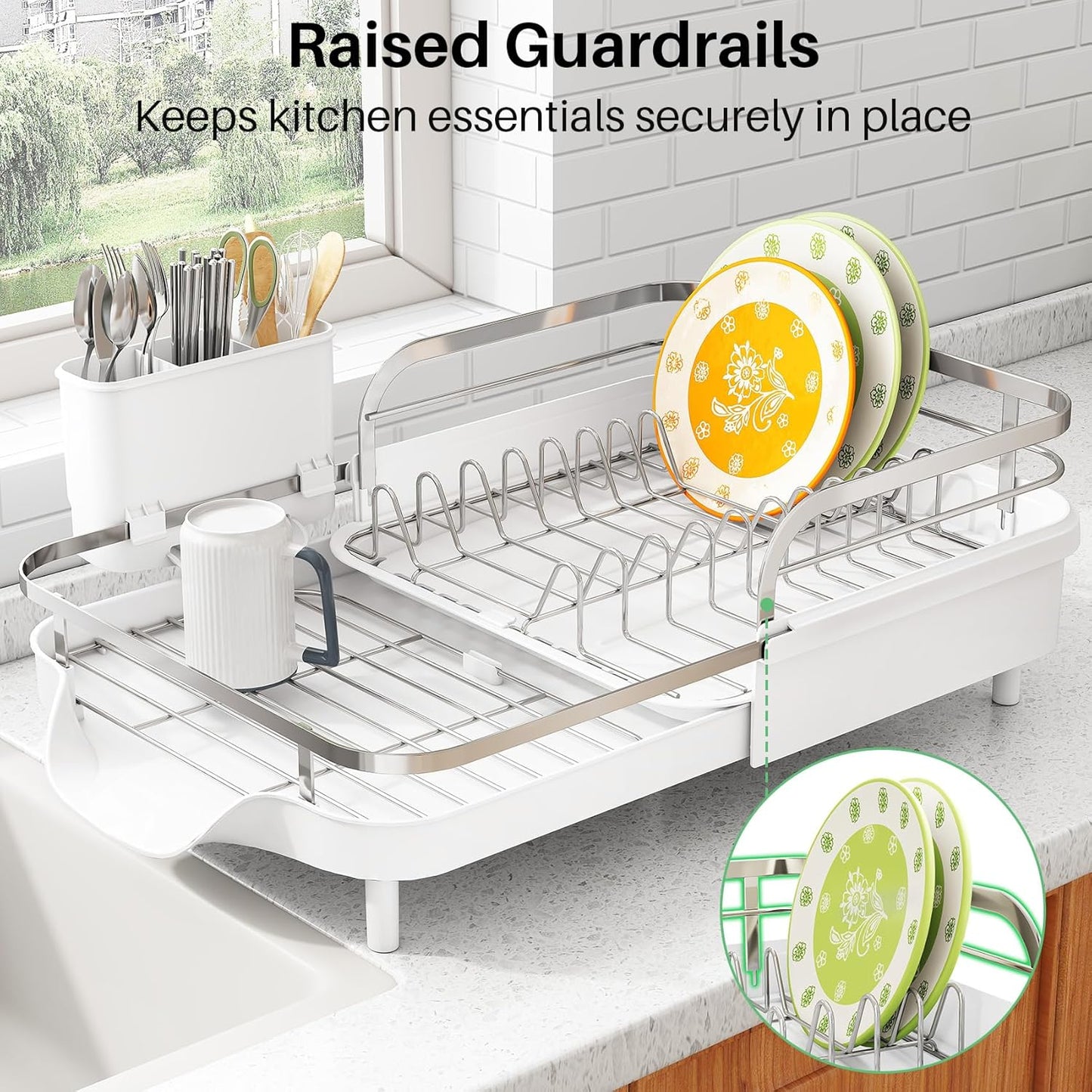 SAYZH Dish Drying Rack - Expandable Dish Rack for Kitchen Counter, Rust-Resistant Dish Drainer with Utensil Holder and Raised Guardrail, Kitchen Organizer for Cup and Bottle (White)
