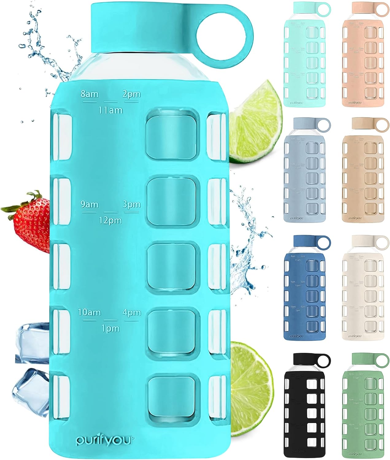 purifyou 40oz / 32oz / 22oz / 12oz Borosilicate Glass Water Bottle with Time & Volume Markers, Silicone Sleeve, Stainless Steel Lid – Reusable Glass Bottle for Water & Juice (22oz Aqua Blue)