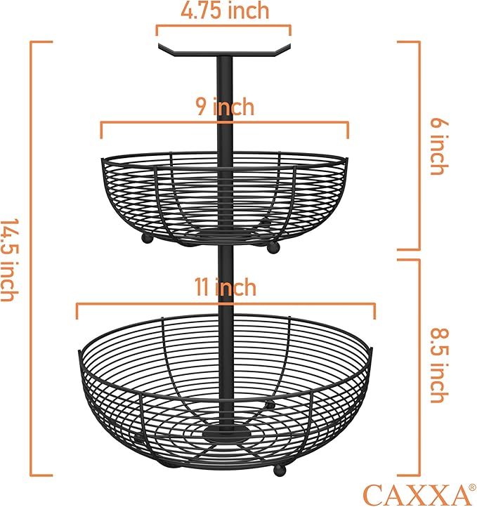 CAXXA 2 Tier Fruit Basket Bowl Kitchen Heavy Duty Wire Organizer, Black