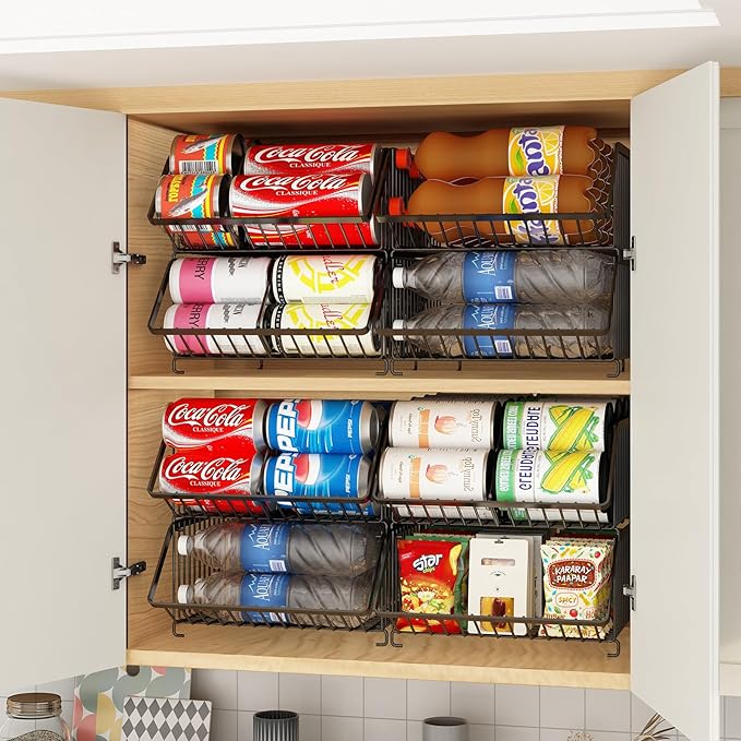 GILLAS 2 Pack Stackable Soda Can Organizer with Dividers for Refrigerator, Can Holder Dispenser Canned Food Organizer, Beverage Storage Basket Rack Drink Organizer for Fridge, Kitchen, Pantry, Black