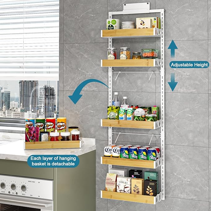bukfen Over the Door Pantry Organizer 6-Tier Adjustable Basket Kitchen Pantry Door Organization and Storage, 2 in 1 Wall Mount or Hanging Heavy-Duty Metal Hanging Kitchen Spice Rack,White Bamboo Color