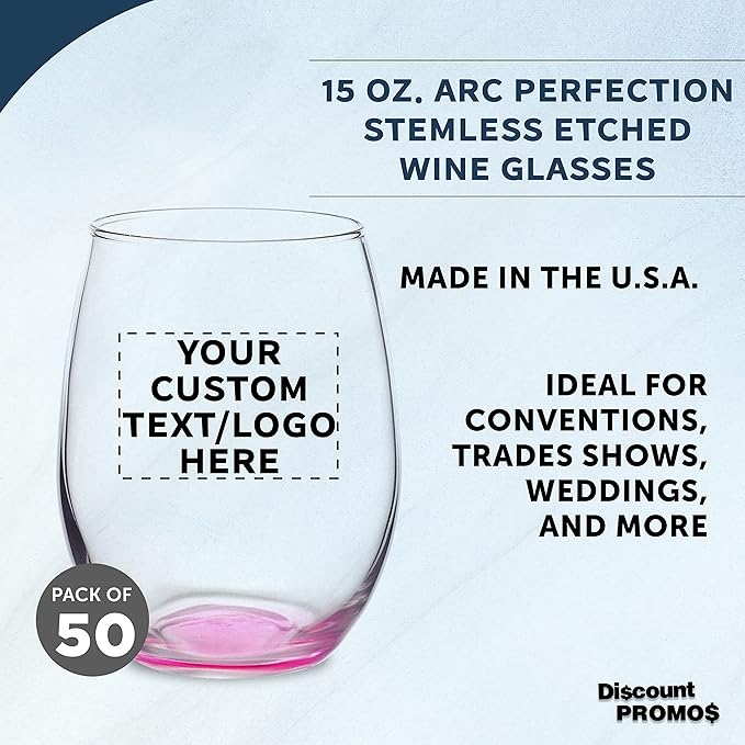 Custom Stemless Wine Glasses in Bulk by ARC Perfection, 15 oz, 50 pack, Personalized Text, Logo, Red or White Wine Glass Set, Pink
