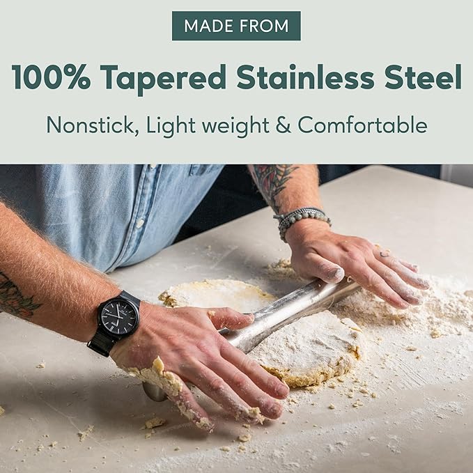 Ultra Cuisine French Rolling Pin for Baking – Use with Pizza, Cookie, and Pastry Dough, Fondant and Pie Crust – Tapered Design Bread Roller Pin, Stainless Steel 15.75-inch Large Roller Pin