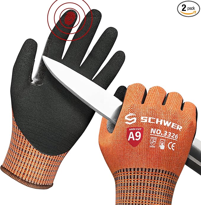 Schwer ProGuard Highest Level Cut Resistant Work Gloves PR3326 for Extreme Protection, ANSI A9 Cut Gloves with Reinforced Thumb, Non Slip, Non PFAS, Durable, Touch-screen, Orange 2 Pairs（M）