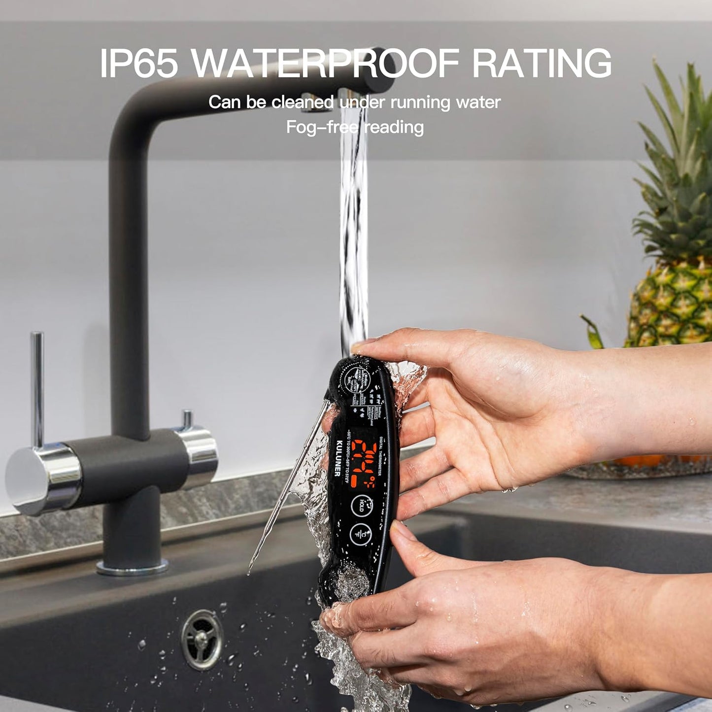 KULUNER 1-Second Rapid and Accurate Meat Thermometer - Waterproof Multifunctional Kitchen Food Thermometer, Ideal for Frying, Smoking, Grilling and More (Black)