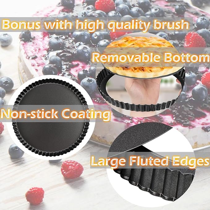 Tart Pans with Removable Bottom 10 Inch Quiche Pan, Heavy Duty Carbon Steel Round Non-stick Fluted Pie Tart Pan for Mousse Cakes, Christmas Dessert Baking (10.2 Inch 1pc)