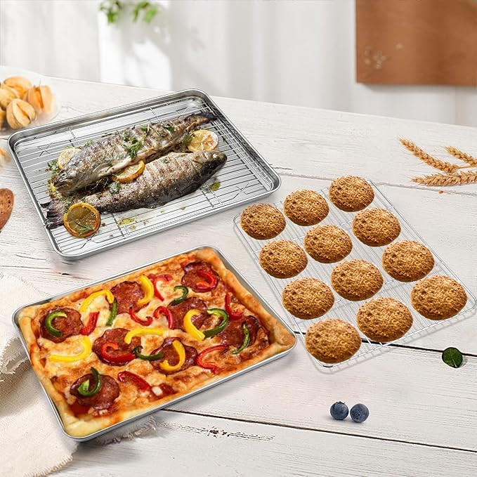P&P CHEF 16 Inch Stainless Steel Baking Sheet with Rack Set (2 Pans+ 2 Racks), Cookie Sheets Baking Trays and Cooling Wire Racks, Oven & Dishwasher Safe, Pans with Flat Racks
