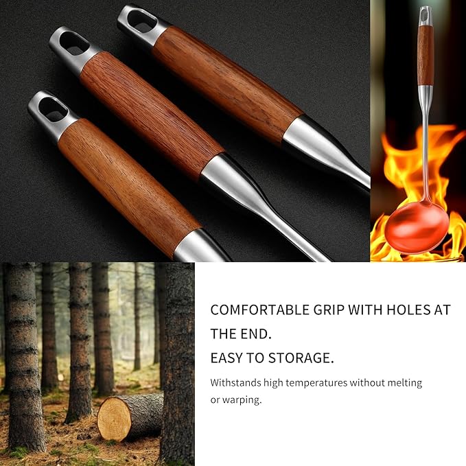 Stainless Steel Kitchen Utensils Set with Wood Handle, 18/10 Metal Cooking Utensils Set, 10-Piece - Spatula, Spoon, Ladle, Skimmer, Slotted Turners, Pasta Server, Fork, Masher(Dishwasher Safe)