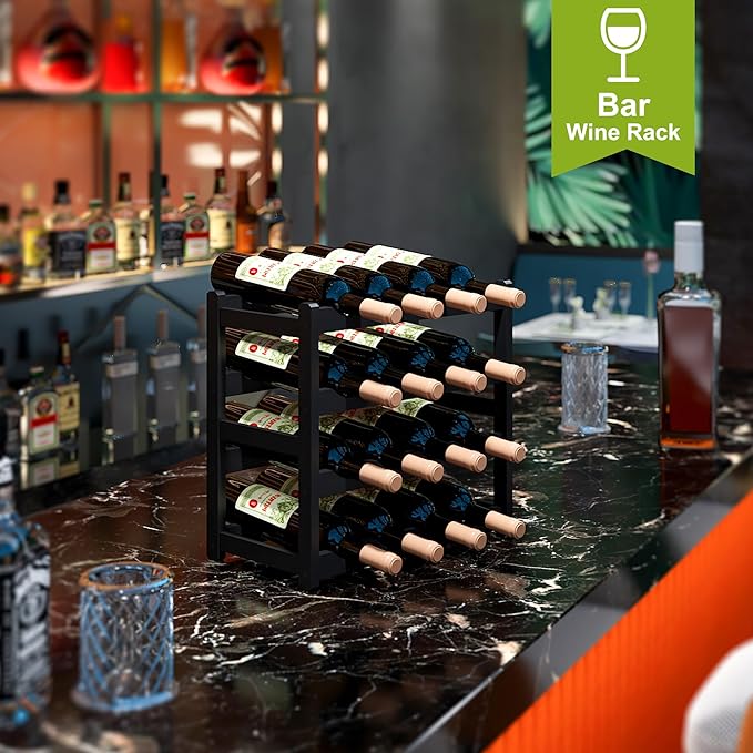 BMOSU Bamboo Wine Rack Wine Storage Cabinet Shelf 16 Bottle Wine Racks Countertop Sturdy for Kitchen Dining Room Pantry - 4 Tiers Wine Rack(Black)
