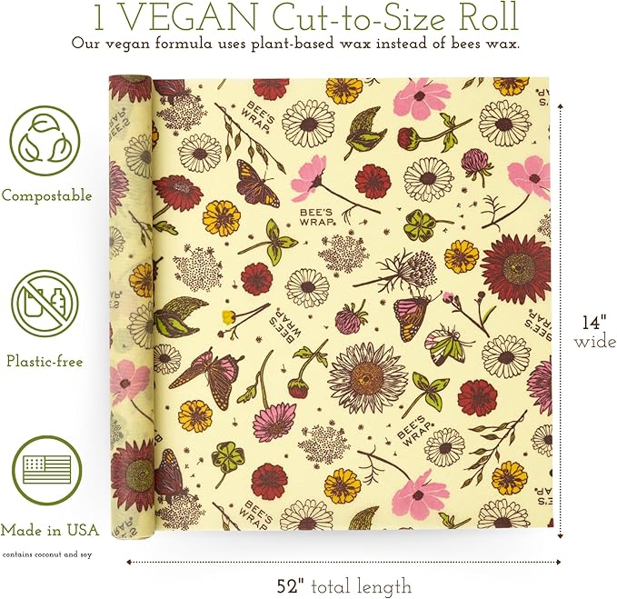 Bee's Wrap Vegan Beeswax Wraps for Food - Meadow Magic Cut to Size 14x52" Wax Paper Roll, Made in USA Reusable Waxed Paper & Bowl Covers, Organic Eco-Friendly Alternative to Aluminum Foil Plastic Wrap