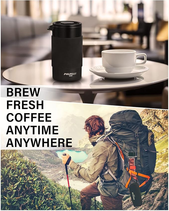 POLIVIAR French Press Coffee Maker, 12 oz Portable French Press with Mini Canister and Collection Bag, Double Wall Insulation & Dual- Filter Screen, Food Grade Stainless Steel for Coffee