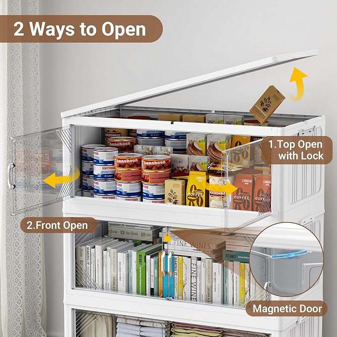 220Gal Plastic Stackable Storage Bins with Lid, 880QT Extra Large Closet Organizers Collapsible Cabinets Boxes With Drawers, Foldable Containers with 6x Wheels for Home Kitchen, V60 4Pack White