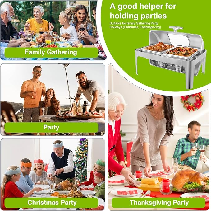 Rectangular Roll Top Chafing Dish Buffet Set, Catering Food Warmer for Parties, Half Full Size & 3 Party-Size Chafing Server Dish, 14QT Water Pan for Birthday Party Thanks Giving New Year Party