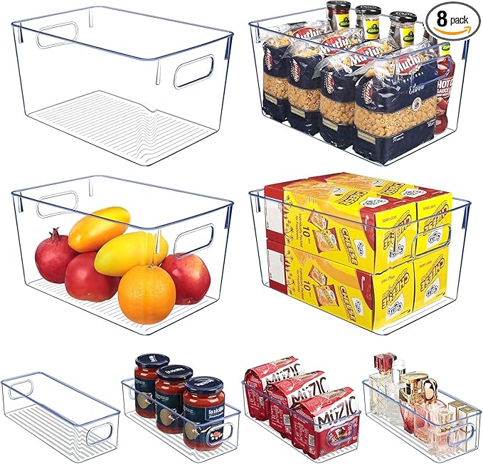 Set of 8 Clear Plastic Storage Bins, Pantry Organization and Storage, Transparent, Plastic, 4 Small + 4 Large