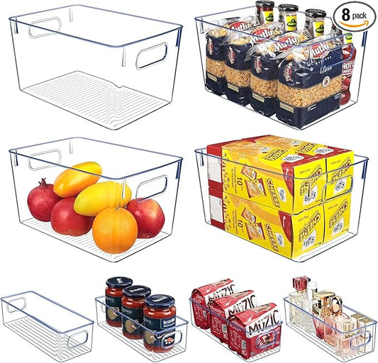 Set of 8 Clear Plastic Storage Bins, Pantry Organization and Storage, Transparent, Plastic, 4 Small + 4 Large