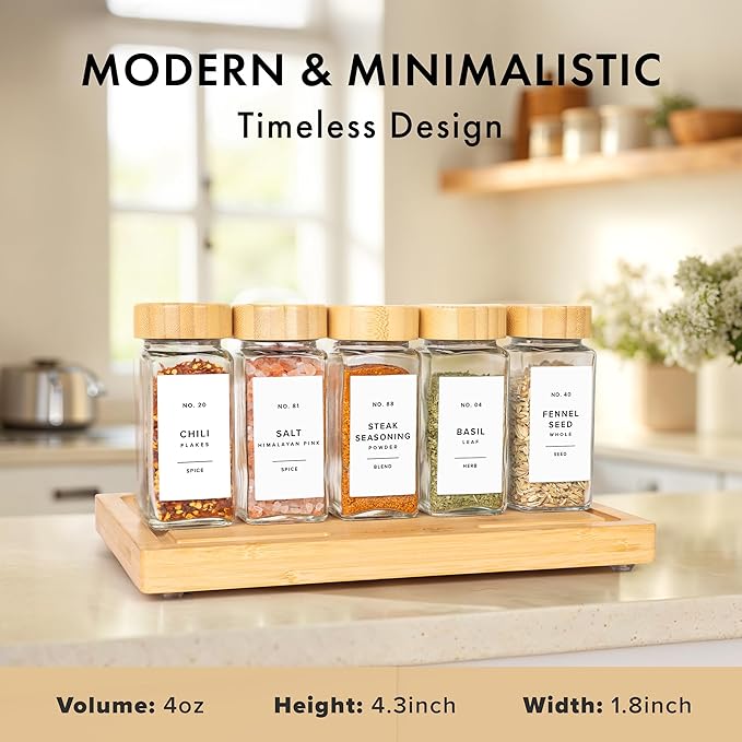 Square Spice Jars with Bamboo Wooden Lid (Pack of 24) Spice Jars with Shaker Insert and 240 Labels - Bamboo Lid Glass Container for Spice Organisation [4.3 in × 1.8 in]