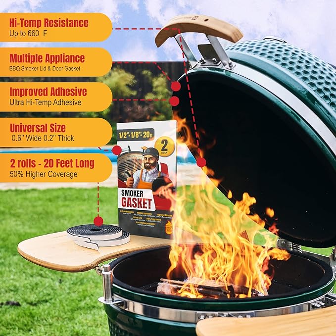 XXL 20 FT Grill Gasket for Smokers - Black 1/2’’ x 1/8’’ Hi Temp Seal Smoker Gasket – 2-Pack x 10 FT Self Stick Black Nomex Fire Tape for BBQ Lid – High Heat Temperature Material Replace