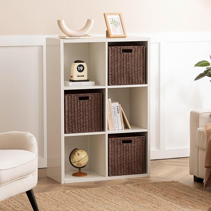 UBBCARE 3 Pack Wicker Basket, 11L×11H×10.5W inch Woven Paper Rope Storage Baskets for shelves, Foldable Cube Storage bin with Handle, Storage Basket for Organizing & Decor, Brown