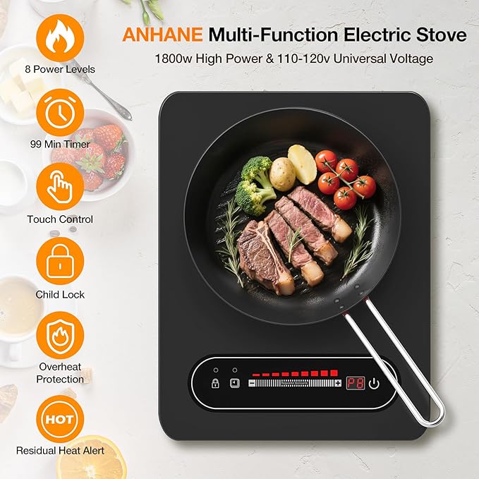 1800W Single Electric Stove: 14 Inch Electric Burner for Cooking - 110-120V Cooktop with Child Lock, Countertop Stove Compatible with All Cookware, 8 Power Levels, Timer