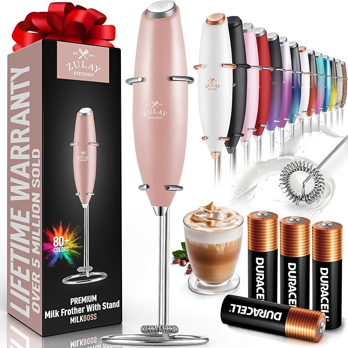 Zulay Kitchen Powerful Milk Frother Wand With 4 AA Duracell Batteries - Ultra Fast Handheld Drink Mixer - Electric Whisk Foam Maker for Coffee, Lattes, Cappuccino, Matcha & Creamer -