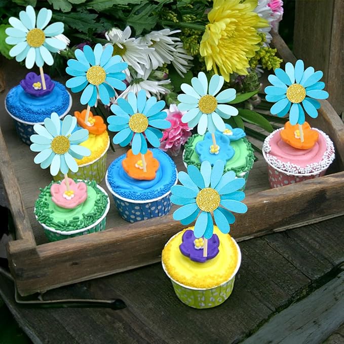 Ephlyn 24Pcs Daisy Cupcake Toppers Flower Cake Topper Decorations Daisy Cake Decorations Chrysanthemum Cupcake Toppers Spring Daisy Flower Cake Picks for Birthday Wedding Supplies Blue