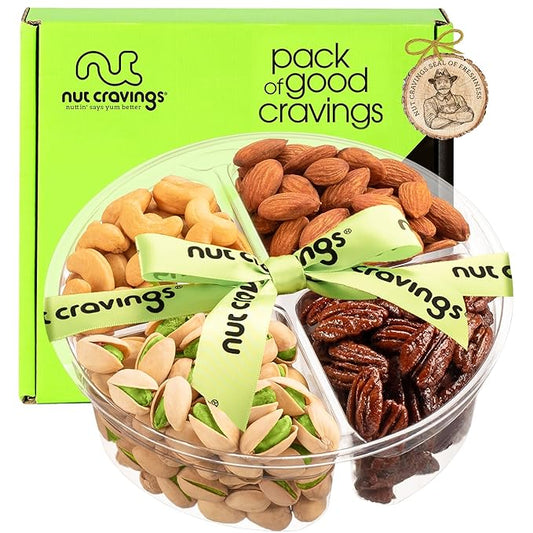 NUT CRAVINGS - Mixed Nuts Gift Basket + Green Ribbon (4 Assortments) Food Arrangement, Healthy Snack Care Package, Food Assortments