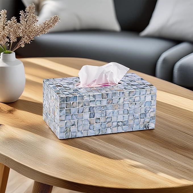 PEMAR Rectangular Mother of Pearl Tissue Box Capiz Shell Handmade Rectangle Tissue Box Cover Holder Decorative Napkin Dispenser Organizer Rustic Farmhouse Vintage Decor (Blue)