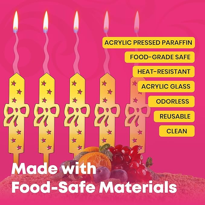 Set of 5 Reusable Gold Romantic Cake Candle - Luxury Cake Topper Candle for Birthdays, Weddings & Anniversaries - Reusable Food Safe Acrylic, Shiny Mirror Finish - Happy Birthday Cake Topper Decor