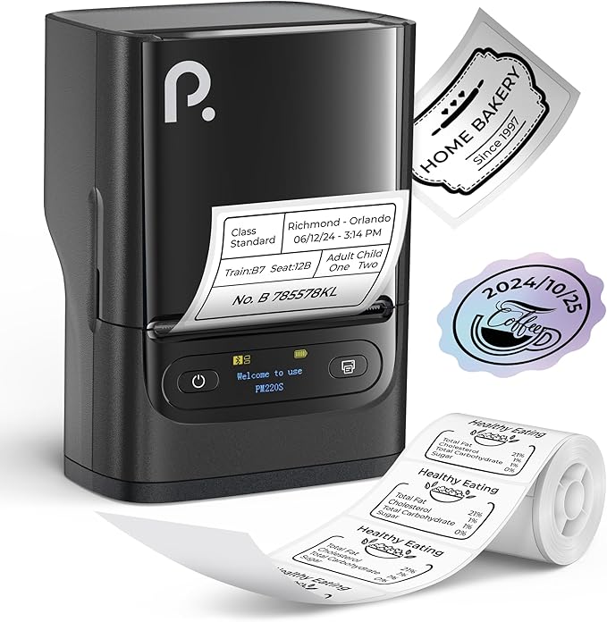 PM220S Label Maker Machine with Tape, 2 Inch Bluethooth Portable Thermal Label Printer for Small Business, Office, Home, Sticker Printer for Phone and PC, Black